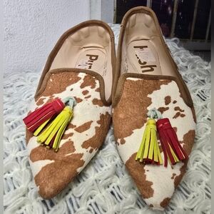 Hush Puppies Brown & White Western Festival Cowhide Pointed Tassel Loafers
